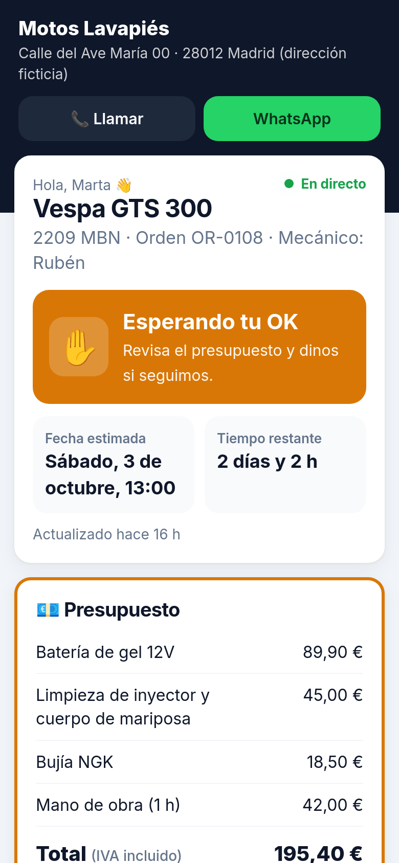 Página de seguimiento que ve el cliente en su móvil