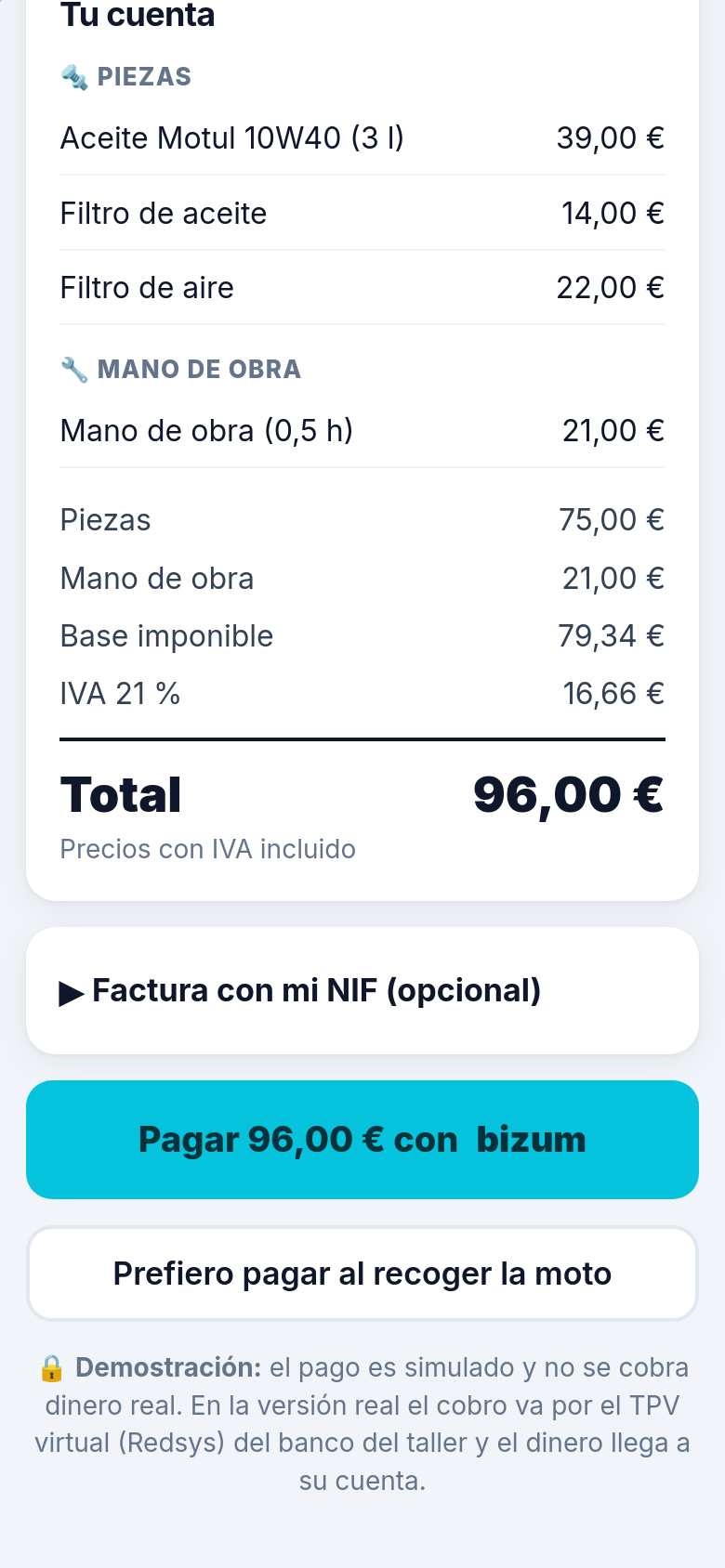 Pantalla de pago con Bizum que ve el cliente