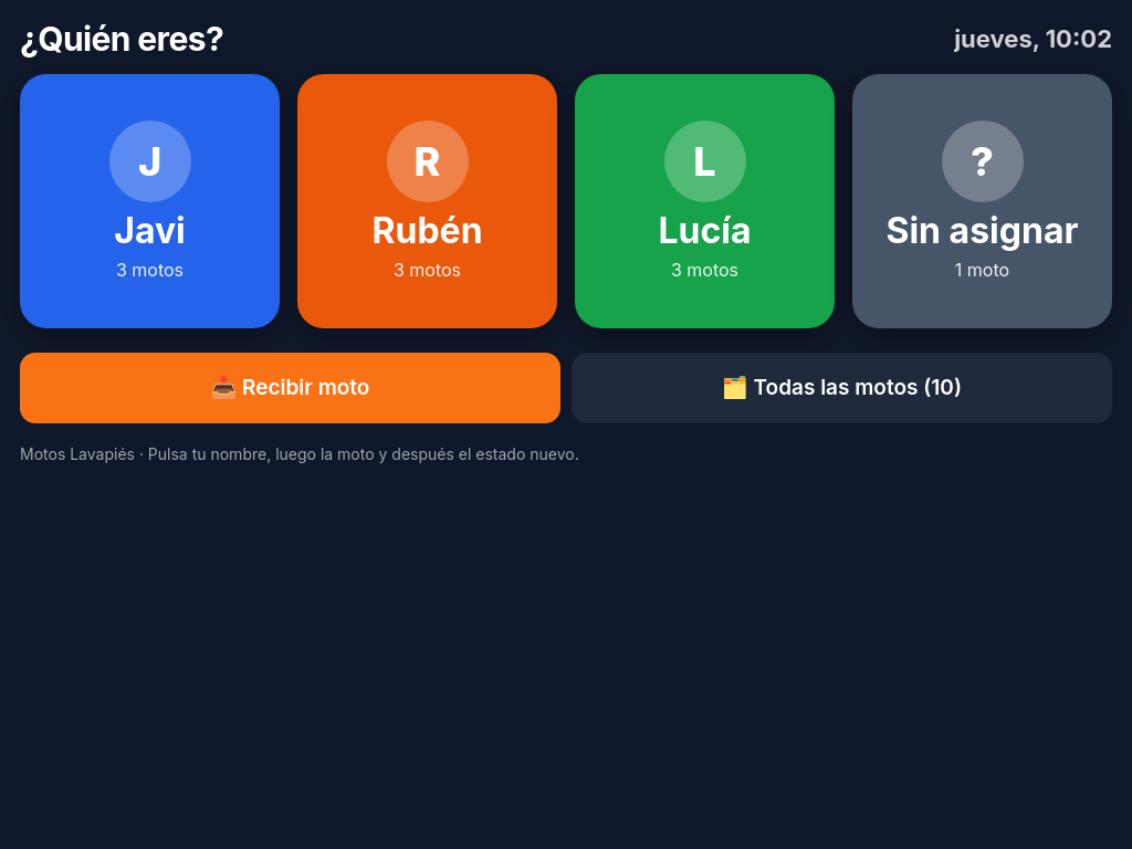 Modo tablet: pantalla con los nombres de los mecánicos